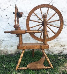 Norwegian-style spinning wheel built by Manville Hagen of Minnesota.