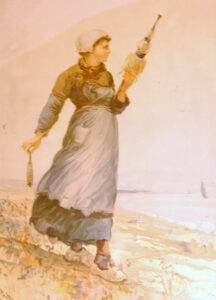 Lithograph of c. 1880 watercolor by Walter Satterlee [1844–1908] of a young Breton woman spinning.